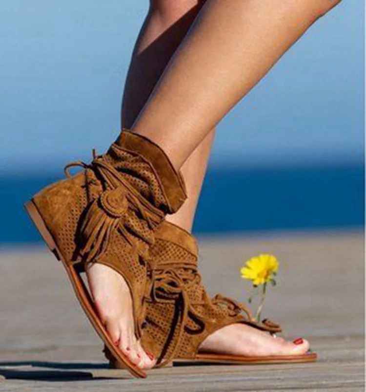 Retro Tassel Lace-Up Sandals