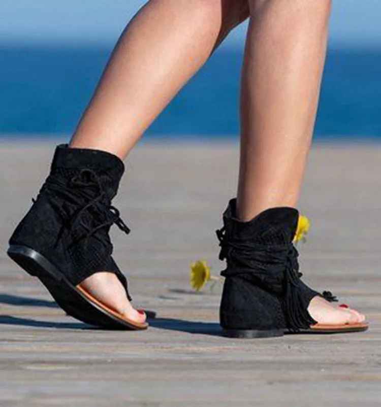 Retro Tassel Lace-Up Sandals