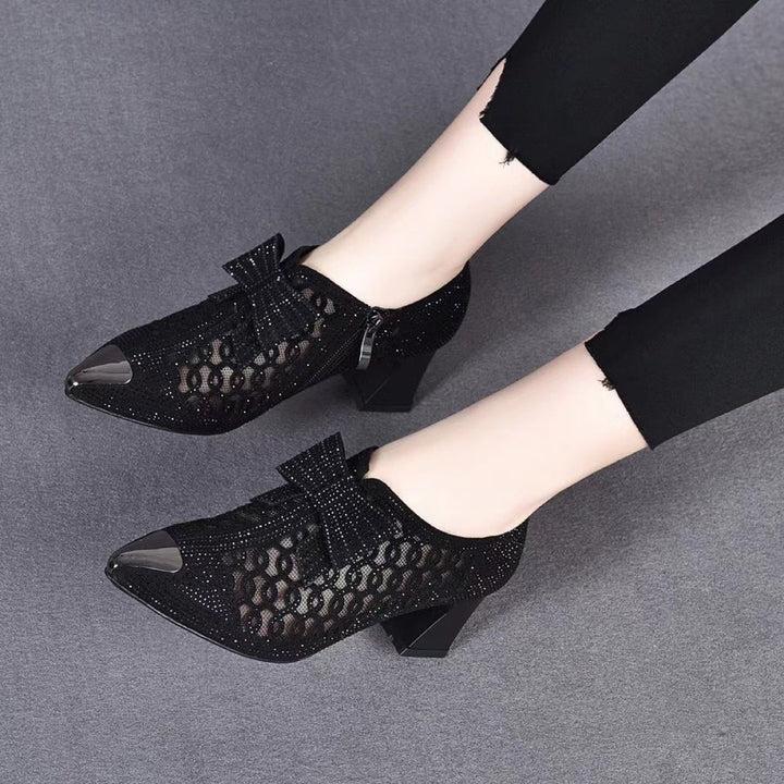 Summer Casual Rhinestone Hollow Chunky Heel Shoes and New Belt Buckle Solid Color Plus Size Women's Sandals