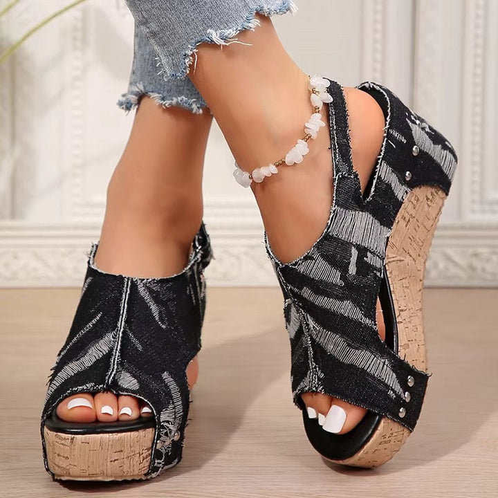 Women Cork Denim Wedge Sandals