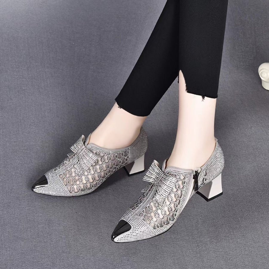 Summer Casual Rhinestone Hollow Chunky Heel Shoes and New Belt Buckle Solid Color Plus Size Women's Sandals