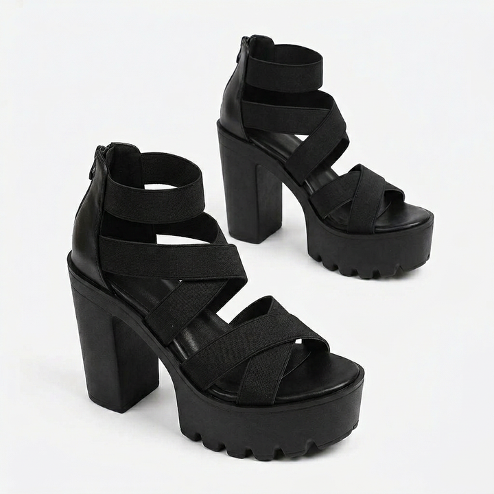Zarelle - Cross-Strap Platform Heel Sandals with Hidden Back Zip