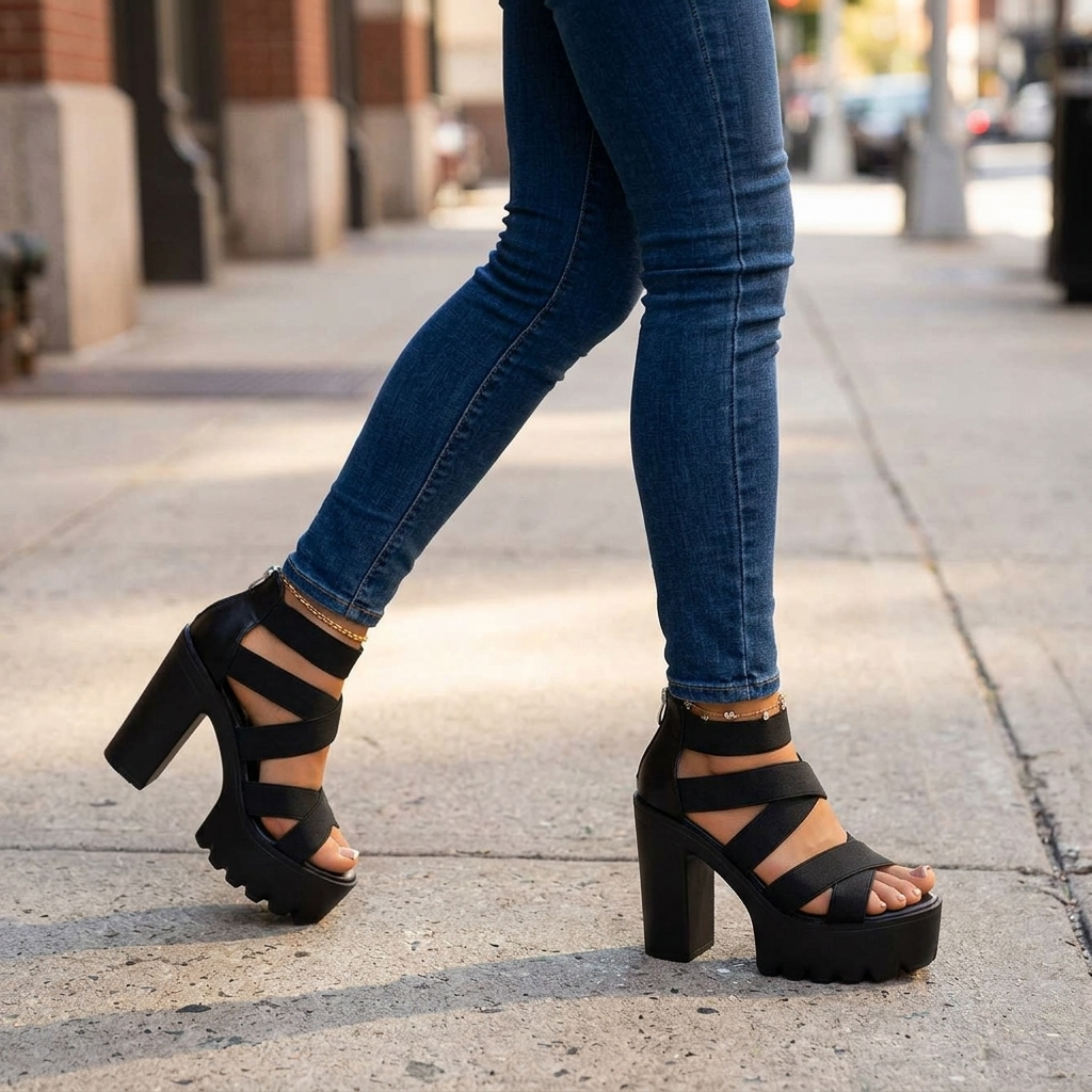 Zarelle - Cross-Strap Platform Heel Sandals with Hidden Back Zip